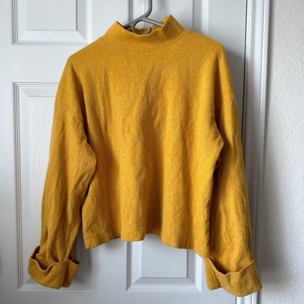 ZARA Mustard Yellow Ribbed Mock Neck Sweater Size L Cozy Knit